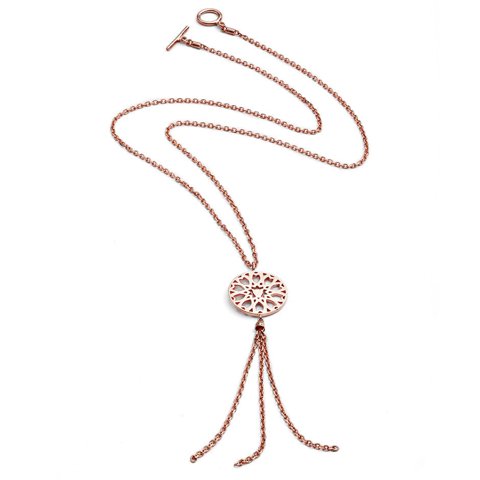 70% DISCOUNT Glittering Ladies 18ct Rose Gold Vermeil Circular Filigree Jaguar Tassel Necklace
