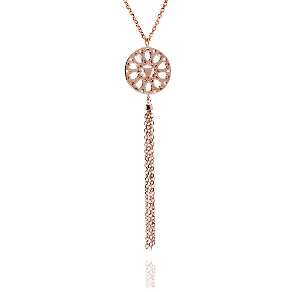 70% DISCOUNT Glittering Ladies 18ct Rose Gold Vermeil Circular Filigree Jaguar Tassel Necklace