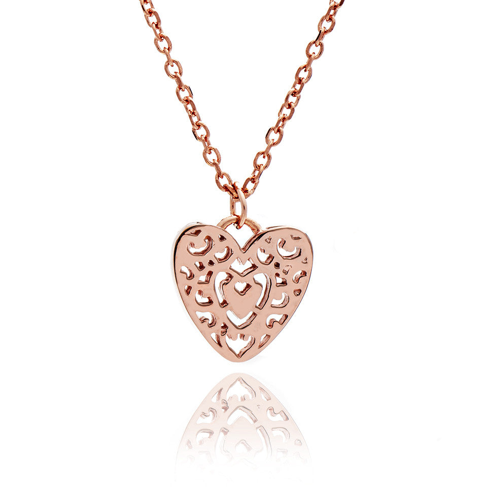70 DISCOUNT Ladies Girls 18ct Rose Gold Vermeil Filigree Heart Charm Stacking Pendant Necklace