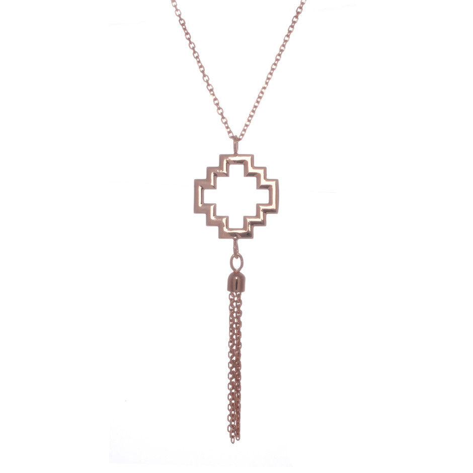 70%  DISCOUNT   Exotic 18ct Rose Gold Vermeil  Large Peruvian Chakana  Cross Charm Tassel Necklace